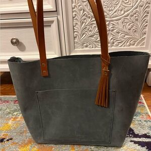 Portland Leather Gray Tote Bag with Brown Straps and Decorative Tassel